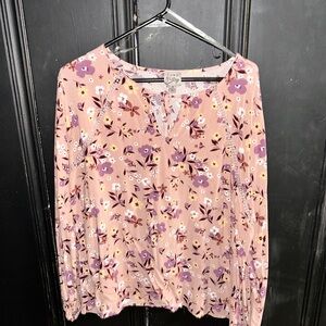 Como Vintage Pink Smocked Blouse with Mandarin Collar and 3/4 Sleeves